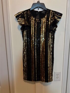NWT Bardot Jr Ava Starlet Black Gold Sequin Mini Dress Size 14